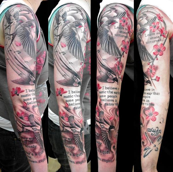 Swallow âm nhạc tattoo sleeve - 50 Đáng yêu Swallow xăm <3 <3