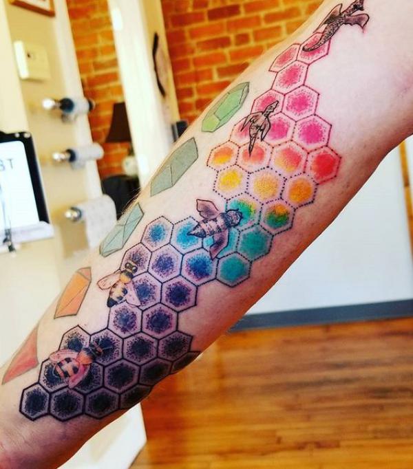 Gothic cathedral. Hexagonal honeycomb. Tattoo design. | Stable Diffusion
