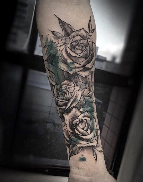 Three roses on forearm in ink sketch style