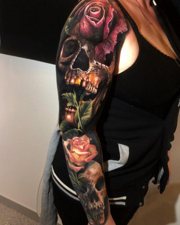 Gothic skulls with roses fullsleeve tattoo