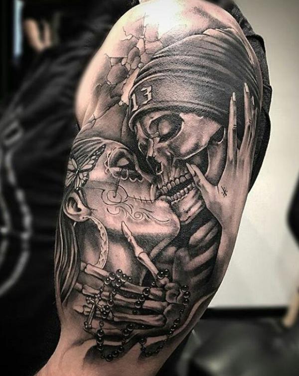 Black & Grey Shaded Vulture & Skull Tattoo