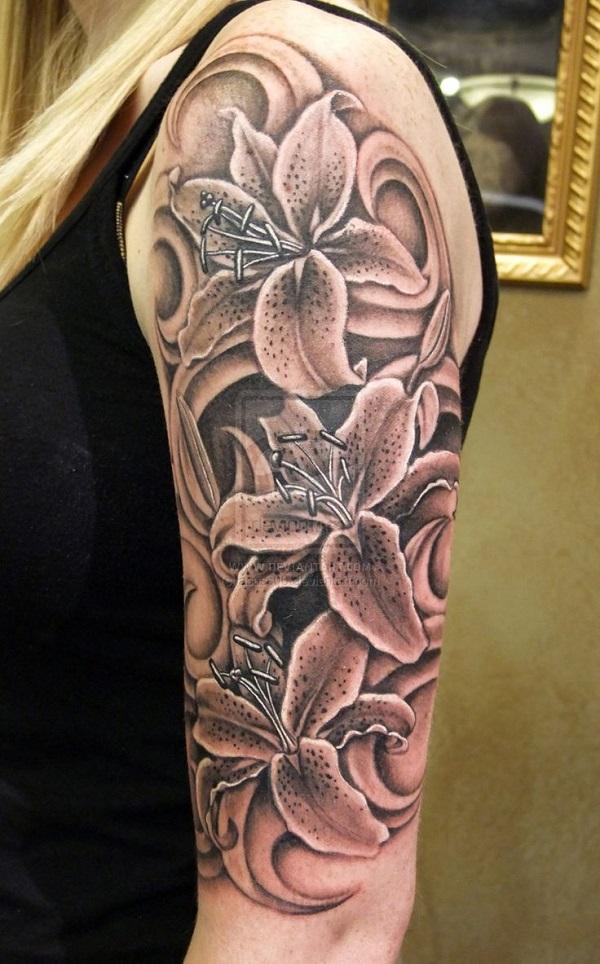 Black And Grey Tiger Lily Tattoos On Half Sleeve  Tiger lily tattoos Lily  tattoo Lily flower tattoos