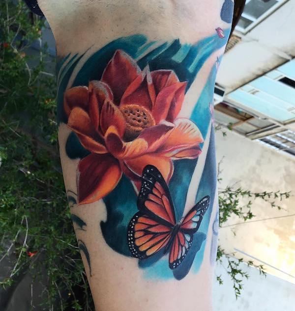 Purple Twin Lotus And Butterfly Tattoo On back
