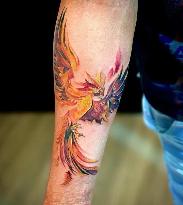 Colorful Geometric Phoenix Tattoo On Girl Leg Calf