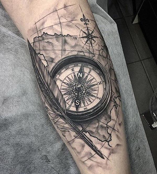Quill pen and compass tattoo 88