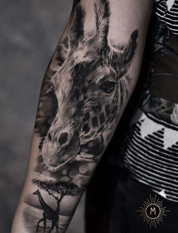 Calf Elephant Dotwork Giraffe Diamond Tattoo by Coen Mitchell