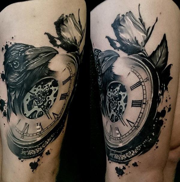 Realistic Clock Bird Thigh Tattoo by Insight Studios