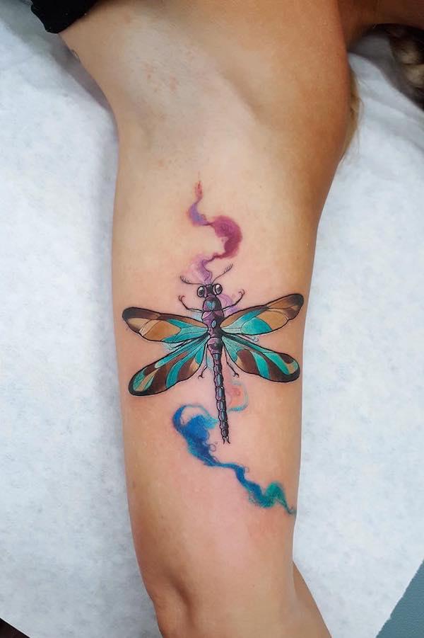 3D tattoo of blue dragonfly water Color rain girl in a red d   Arthubai