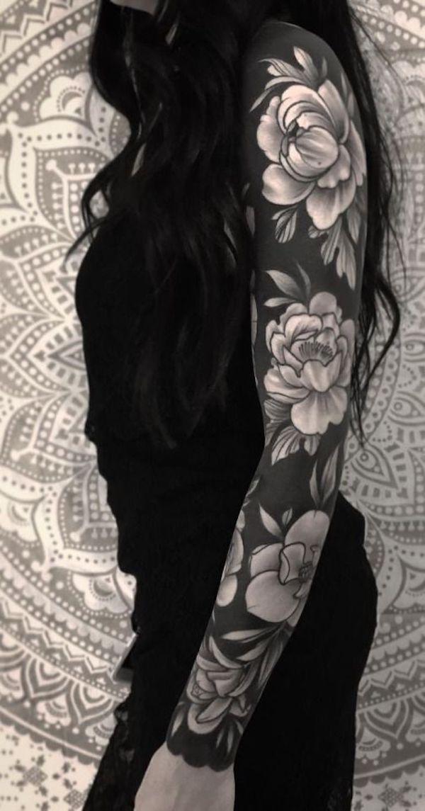 nature tattoo sleeve black and white