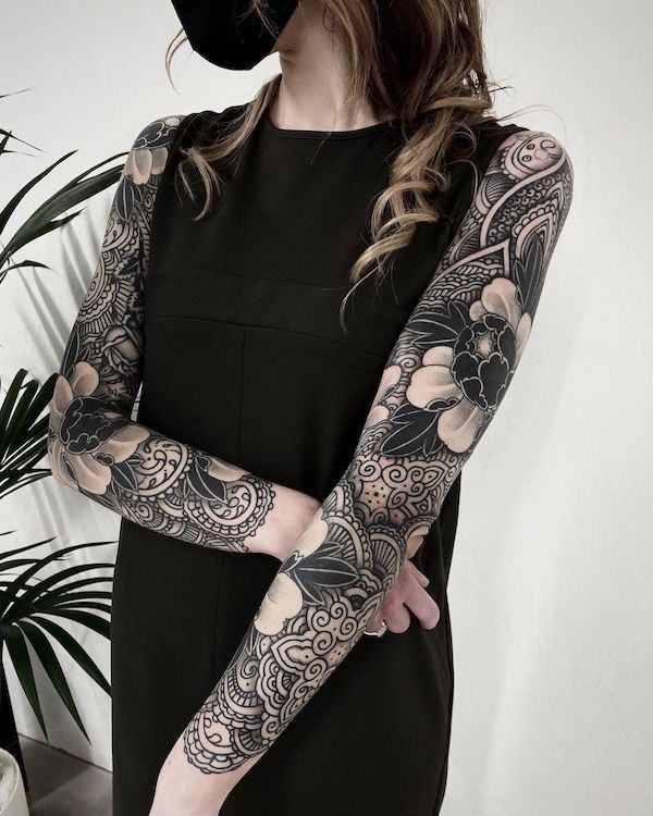 black and white ocean tattoo sleeve