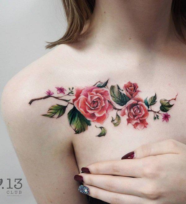 Flower bouquet tattoo on shoulders and chest