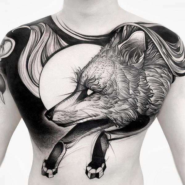 Neo Traditional Fox and Demon Chest Tattoo