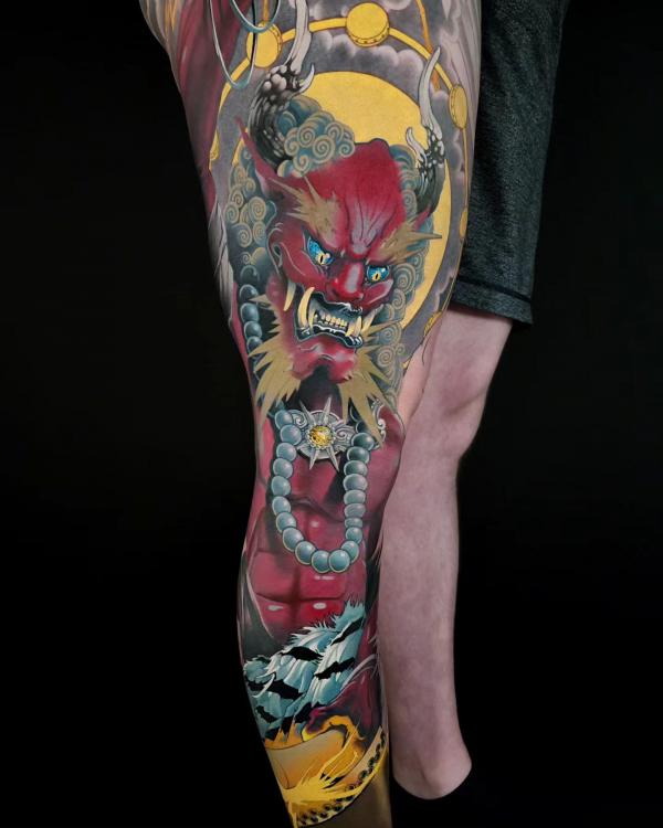 my traditional japanese leg sleeve of raijin and fujin (fujin on the other  side) and a dragon. done by Matt Colins out of Unseen Tattoo in Adelaide,  Australia : r/irezumi
