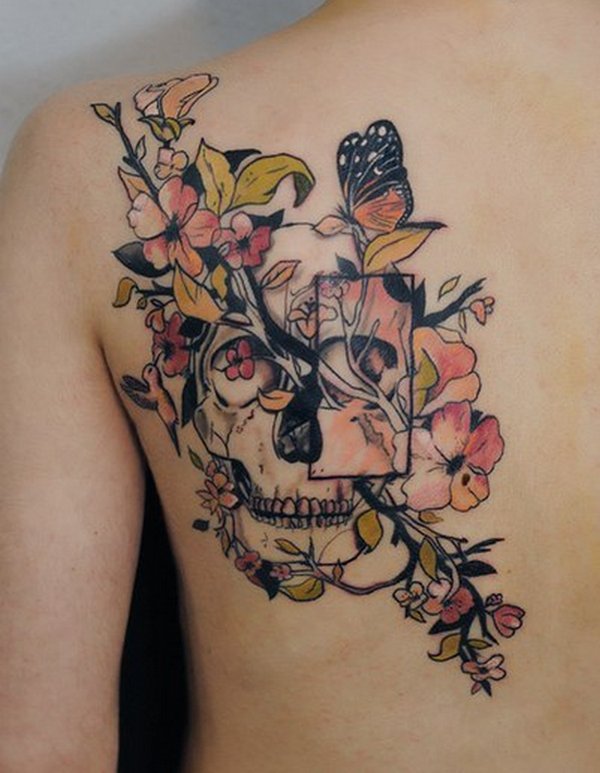 skull and rose shoulder tattoo