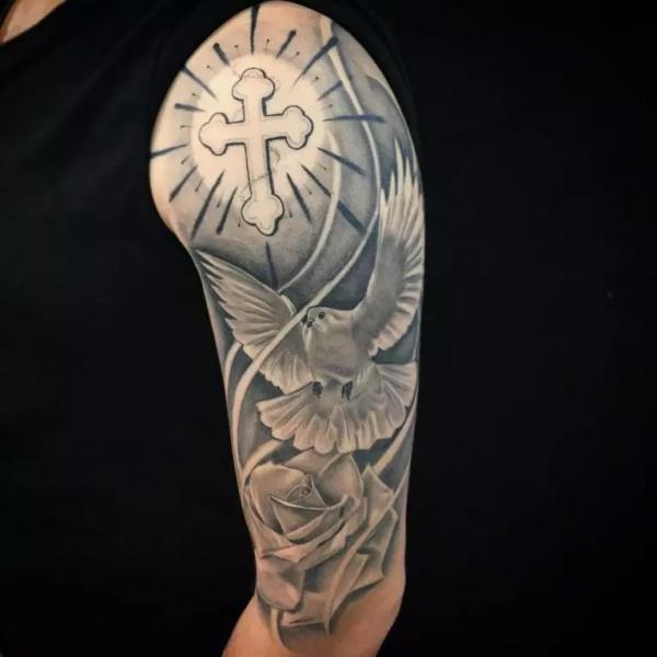 Black and grey dove with cross and rose half sleeve tattoo