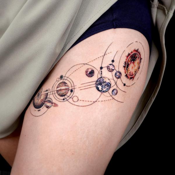 Thinking of getting solar system orbital rings with planets (like the  pictured designs) but in band form around my forearm or bicep. This would  be my first tattoo so advice on design,