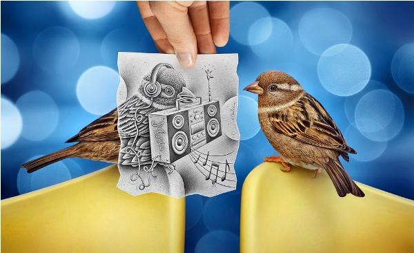 Sparrow 3D drawing by Ben Heine