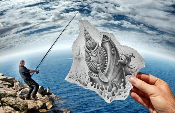 Fisherman 3D drawing by Ben Heine