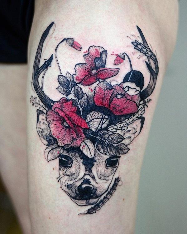 Blue Flowers Geometric Deer Head Tattoo Design