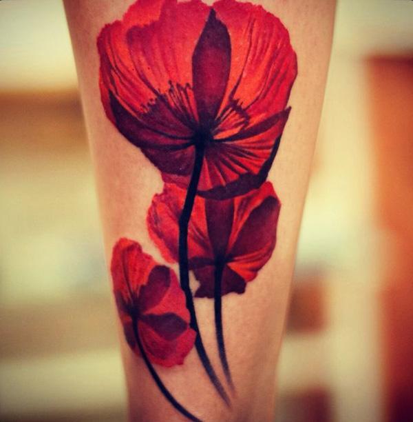 KREA - fine line tattoo poppy, black and red