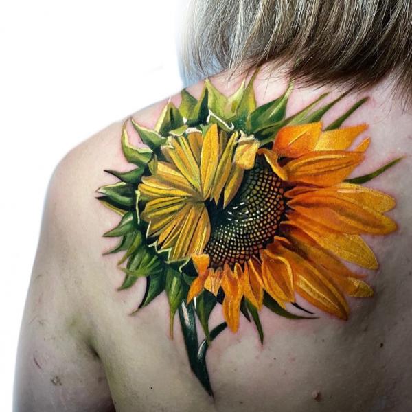 Tattoo ideas, Minimal Realistic Color Sunflower Tattoo