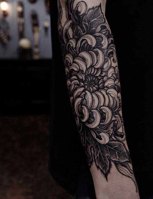 Chrysanthemum black and gold flower tattoo design drawn on the iPad   Custom Tattoo Artist Leeds