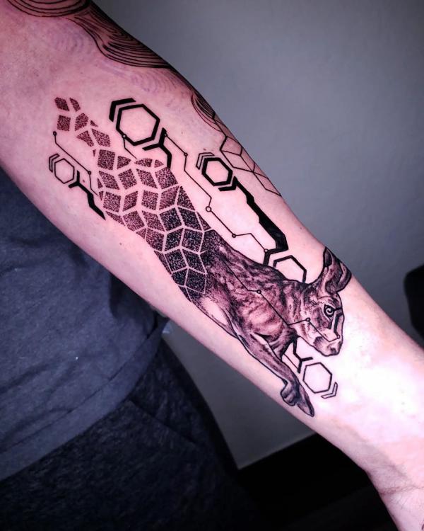 Geometric rabbit forearm tattoo