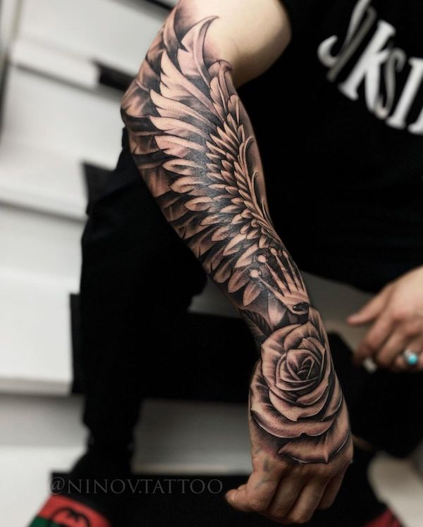 Pin by Rae Koch on Tattoo's | Forearm band tattoos, Hand tattoos for guys,  Feather tattoos | Wing tattoo arm, Hand tattoos for guys, Forearm tattoos