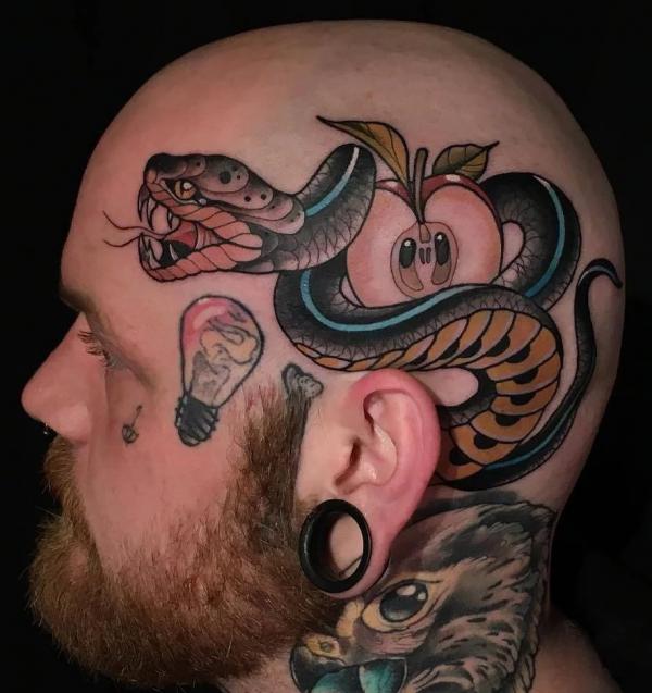 Neo traditional snake and apple tattoo