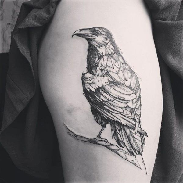 Skull Raven Realistic tattoo Realism Black and Grey Tattoo
