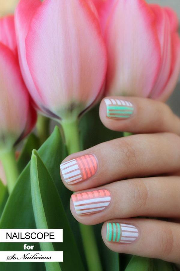 You will surely love the warm and fuzzy colors that this cute nail art gives you. Coated in Summer hues of white, melon and spring green, the horizontal and vertical stripes running across the nails shows a very unique design that’s very eye catching.