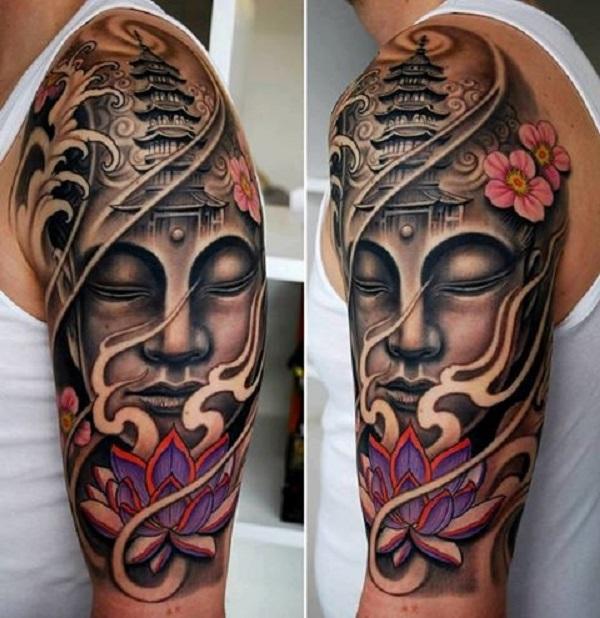Realistic Buddha face tattoo with lotus flower  Realistic flower tattoo Buddha  tattoo design Buddha face