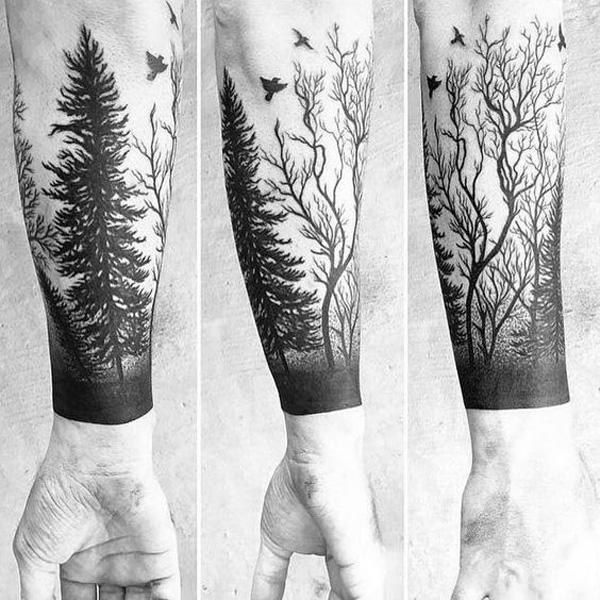 Black and Grey Realism Owl Moon Forest Sleeve Tattoo - Love n Hate