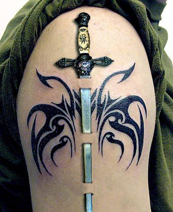 Microrealistic style sword tattooed on the forearm
