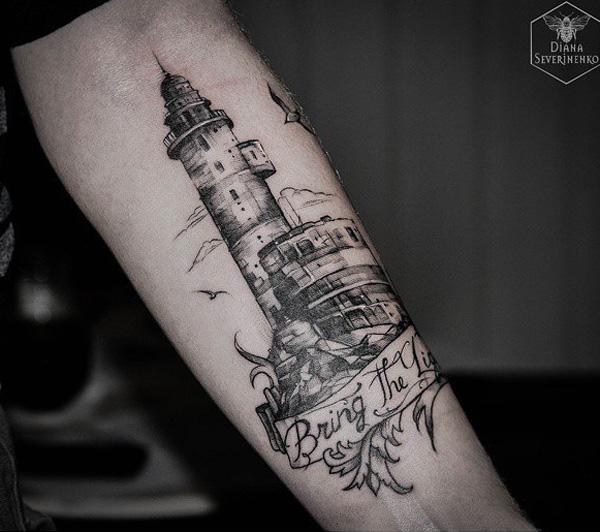 Tattoo uploaded by Joel Meyer  Lighthouse Realistic Tattoo Black and Grey   Tattoodo