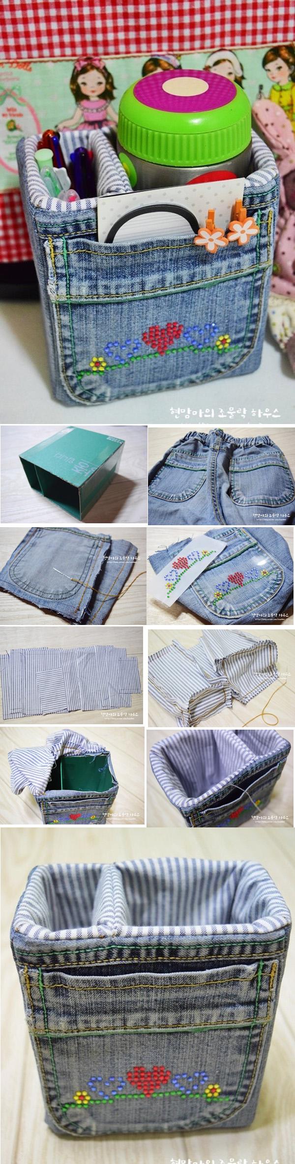 DIY seu próprio estojo de armazenamento de jeans usando tecido de jeans