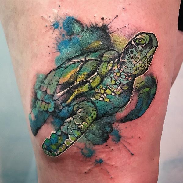 Watercolor sea turtle tattooed by Derek Brodeur @ Wicked Parrot Tattoo,  Kill Devil Hills, NC. : r/tattoos