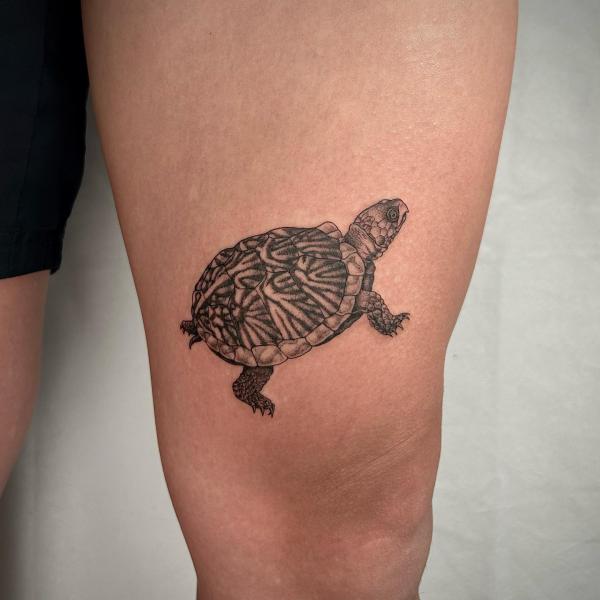 Minimalistic turtle tattoo located on the forearm.