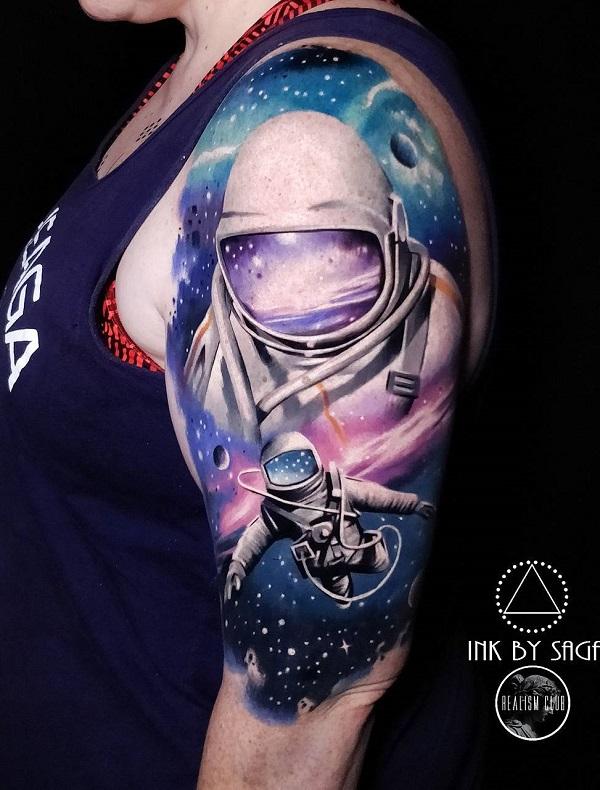 Astronaut Tattoo On Right Half Sleeve by Khan Tattoo
