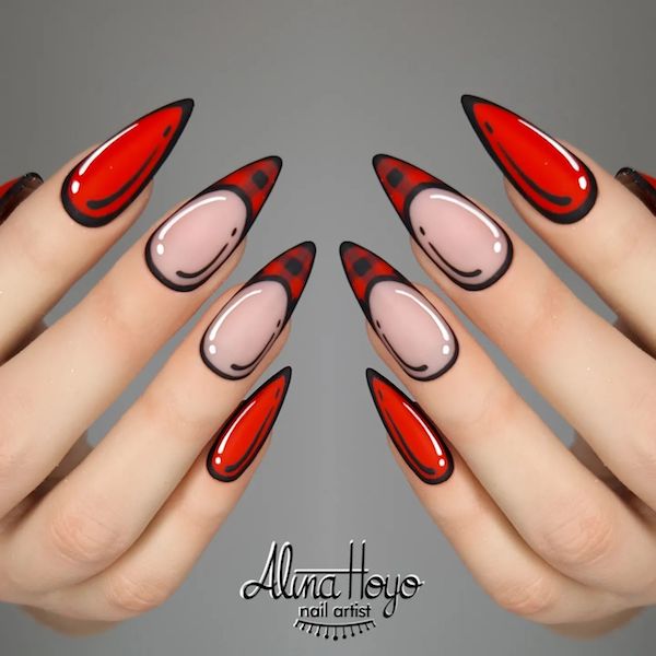 red white and black nail art