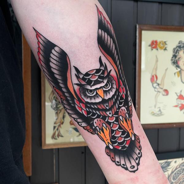 American Traditional Owl by Steve  Cobra Custom Tattoo Plymouth MA  r tattoos