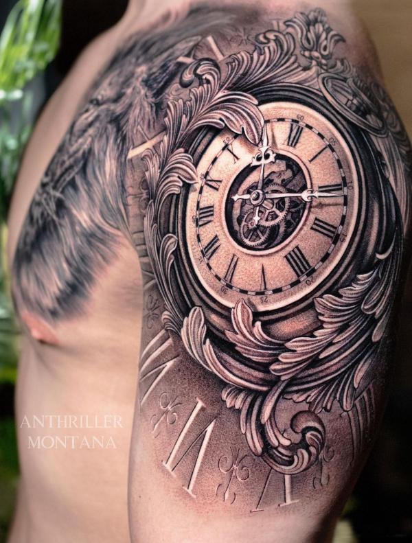 Clock shoulder tattoo with swirls