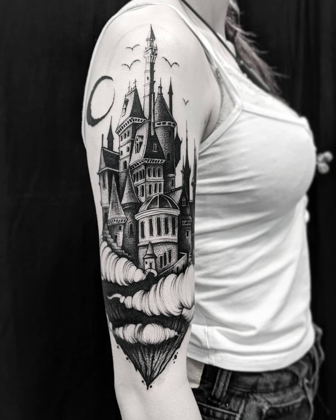 Frankenstein and Draculas castle Tattoo by Mike Nasser at Harbourside  tattoo in Vancouver BC  Frankenstein tattoo Castle tattoo Graffiti  lettering