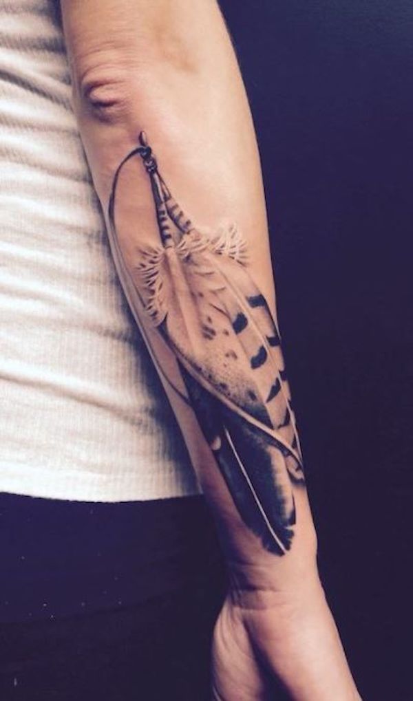 Feather bracelet tattoo located on the wrist