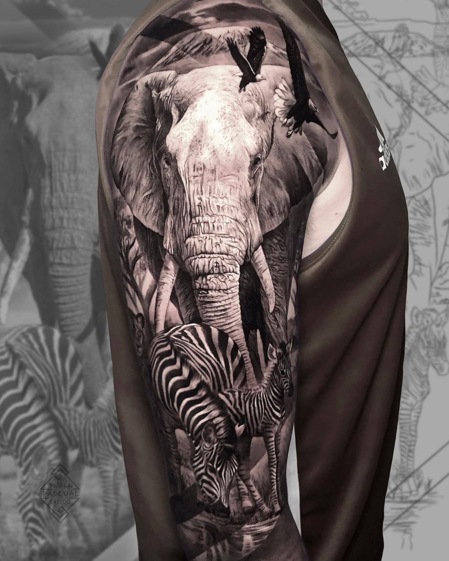 Elephant and Flowers Tattoo for Black Skin