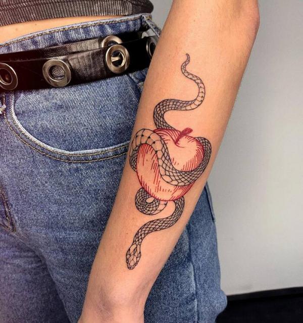 Angry Open Mouth Snake With Simple Apple Tattoo On Lower Sleeve | Snake  tattoo, Green tattoos, Snake tattoo design