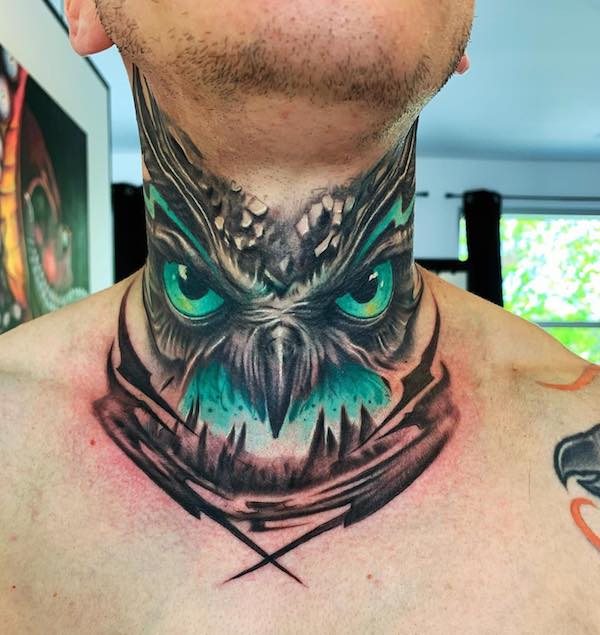 Fifth tattoo of the week in ludolamainbleue owl owlhead tattooneck  inked tattoo ne  Traditional tattoo Traditional tattoo animals  Traditional hand tattoo