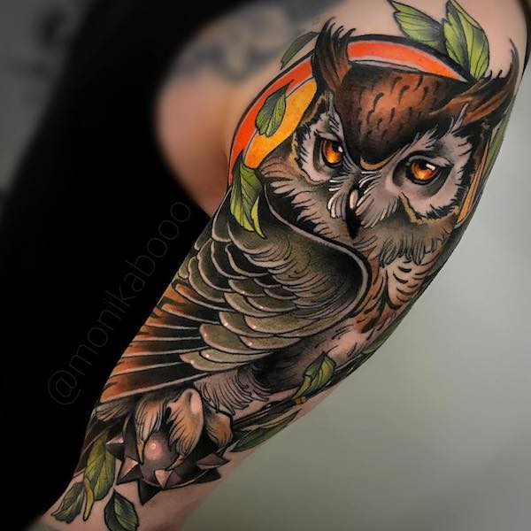 great horned owl flying tattoo
