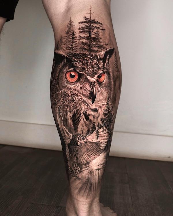 owl tattoos on leg