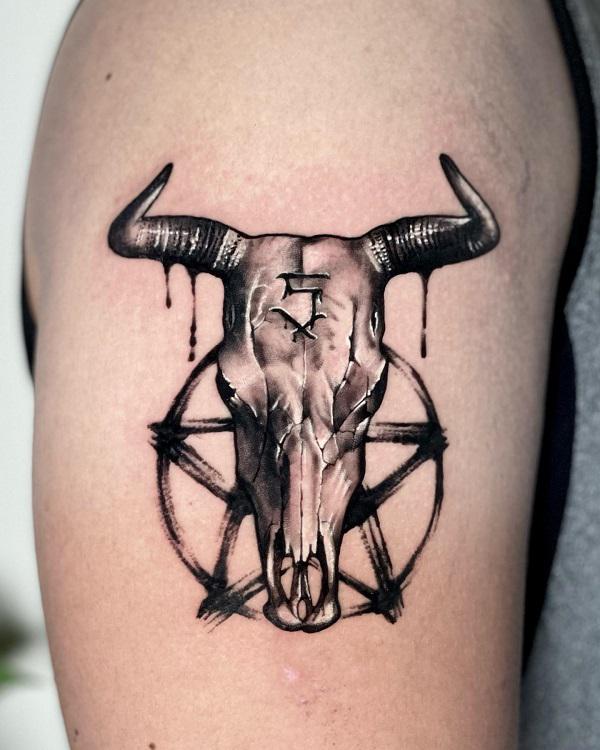 Intricate Bull Skull Tattoo by Mark Osten